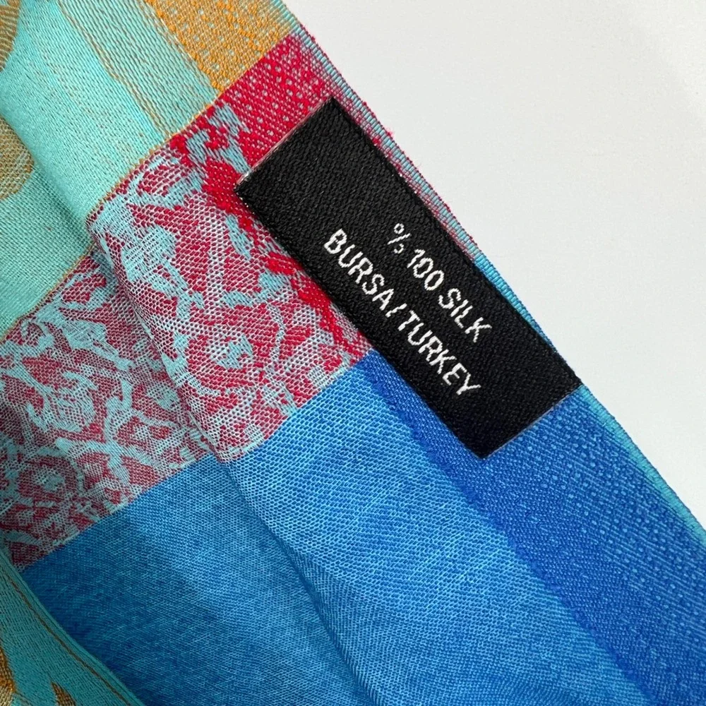 100% Silk Fringed Rectangular Scarf Shawl Blue‎